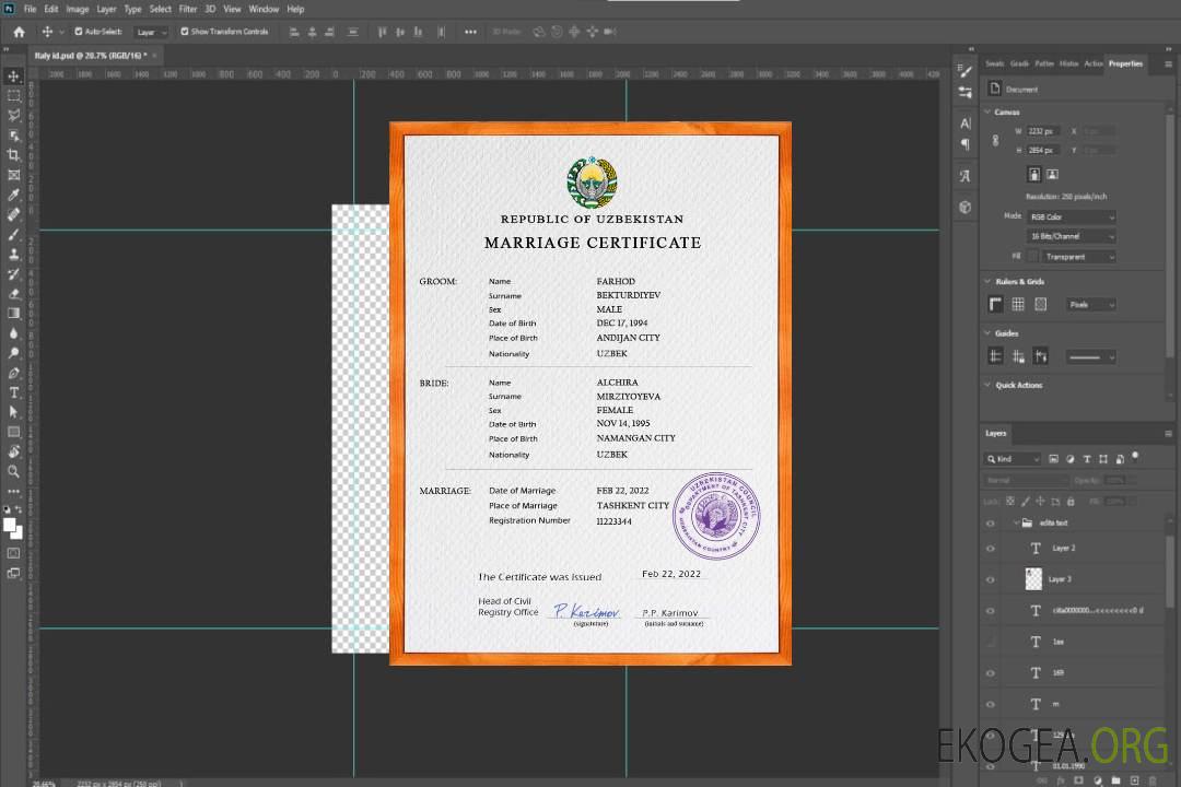 Modèle PSD de certificat de mariage en Ouzbékistan template